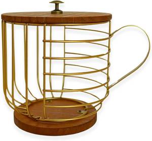 lot 341782 image: Large Coffee Pod Holder Compatible wKCup Pods and Capsules - Gold Metal K Cup Holder - Cute Coffee Pod Basket wWooden Lid - Coffee Pod Storage - Coffee Bar Decor (Wood & Gold, Large)