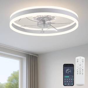 lot 341802 image: Fszdorj Ceiling Fan with Light, Upgraded 20 Low Profile Fan, Flush Mount Ceiling Fan, 6 Speeds, Dimmable LED, App & Remote Control, Quiet DC Motor, for Bedroom, Living Room, F105 White