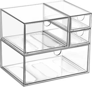 lot 341816 image: WUHUME Makeup Drawer Organizer, Desk Drawer Organizer With 4 Drawers, 3 Different Sizes, Suitable For Office Desk, Bathroom, Bedroom, Jewelry, Stationery, Handicraft Storage And Organization, clear