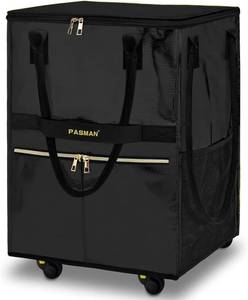 lot 341820 image: Reusable Grocery Bag on 5 Wheels, Foldable Rolling Tote Bag with Handle and Zipper Cover, 4 Pockets, Heavy Duty Shopping Cart for Laundry, Market & Trave (Black, Large_120L)