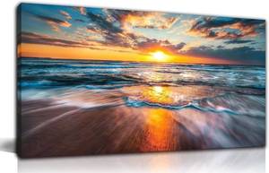 lot 441761 image: Retails for $140 GUGIKA Ocean Wall Art for Living Room, Large Coastal Beach Canvas Wall Decor for Bedroom, Gold Sun Landscape Picture Print, Size 59x29 Inch