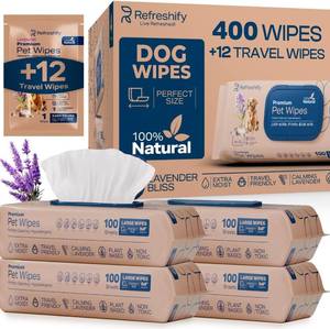 lot 441765 image: REFRESHIFY Dog Wipes for Paws and Butt - Plant Based Lavendar Scented (Pack of 400) - Pet Wipes for Dogs and Cats - Deodorizing Non Toxic Dog Wipes, 12 Additional Travel Wipes