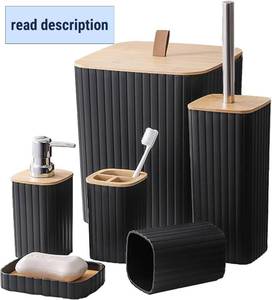 lot 341799 image: Bathroom Accessories Sets Complete, 6 Pack Black Bathroom Accessory Set with Trash Can Toothbrush Holder Soap Dispenser Tooth Mug Soap Dish Toilet Brush Holder for Bathroom Decor