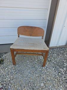 lot 21 image: Mid-Century Modern Teak Wood Accent Chair with Striped Upholstery