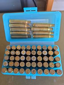 lot 72 image: 30-06 Springfield Brass Ammunition Cartridges in Blue Storage Case