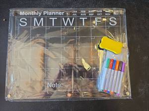 lot 89 image: Clear Acrylic Magnetic Monthly Planner Board with Dry Erase Markers and Eraser 12in x 16in