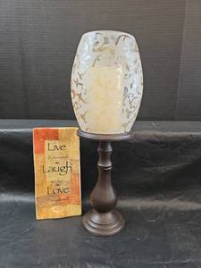 lot 259 image: Frosted Glass Hurricane Candle Holder with Wood Stand and Electric Candle
