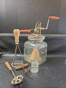 lot 368 image: Kitchen Utensil Collection with Butter Churn Jar and Top.  Top does not fit jar.