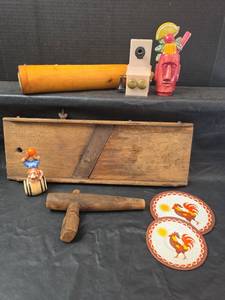 lot 370 image: Antique and Vintage Kitchen Items- Cabbage Slicer,  Veg Tap and SaltPepper Shakers