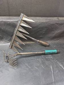 lot 393 image: Hand Forged Garden Tool Set with Cultivator and Rake- Very Sharp.
