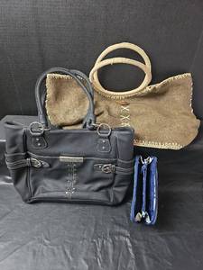 lot 395 image: Rosetti Black Leather Handbag, Natural Jute Tote Bag and Vera Bradley Wallet