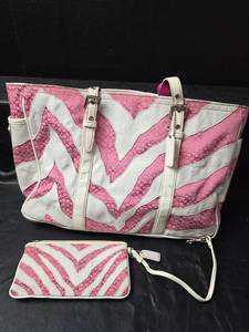 lot 396 image: Coach Pink and White Zebra Print Tote with Matching Wristlet