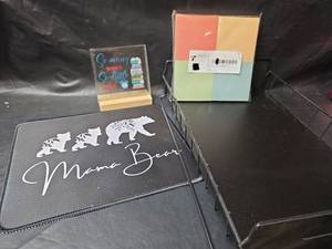 lot 414 image: Mama Bear Mouse Pad with Book Quote Acrylic Sign, Sticky Notes Set and Office Organizer