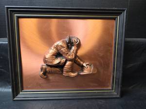 lot 424 image: Handcrafted Copper Art with 3D Firefighter Figure in Wood Frame