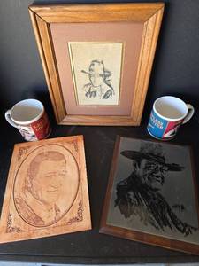 lot 439 image: John Wayne Western Memorabilia Collection with Framed Portraits and Mugs