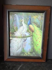 lot 455 image: 16in x 20in Framed Peacock Pair Picture with Waterfall Forest Scene
