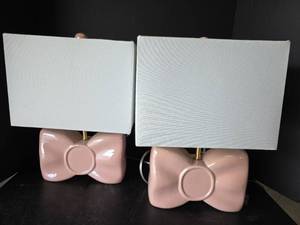 lot 459 image: Pink Ceramic Bow Table Lamps with White Shades Set of 2 16in