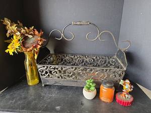 lot 465 image: Ornate Metal Decorative Basket with Scrollwork Design 20in x 14in Plus Accents