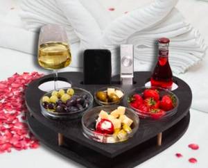 lot 467 image: Heart-Shaped Wooden Serving Tray with Bowls and Wine Holder - Bed or Sofa Serving Tray