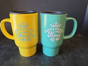 lot 541 image: Ceramic Pickleball Queen and King Travel Mugs