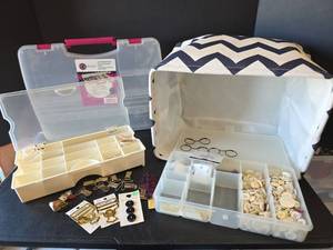 lot 592 image: Craft Supply Storage Kit with Paper Cutter, Buttons, Hardware, and Caddy