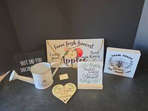 lot 593 image: Farmhouse Style Wood Sign Collection with Decorative Watering Can
