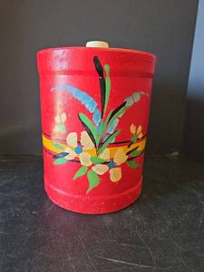 lot 595 image: Red Hand-Painted Folk Art Crock Cookie Jar with Lid