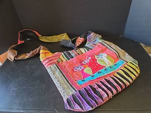 lot 597 image: Boho Embroidered Owl Tote Bag with Colorful Pattern