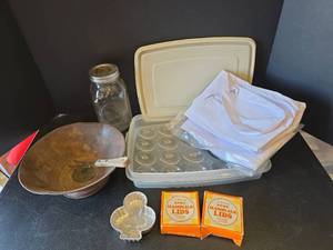 lot 601 image: Metal Strainer, Deviled Egg Container, Mason Jar Domes, and 2 White Kitchen Aprons