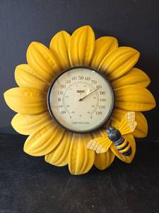 lot 605 image: Yellow Sunflower Thermometer with Bee Decoration 16in.