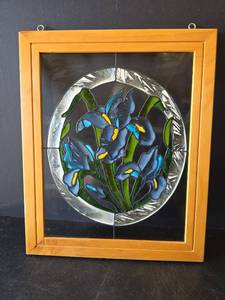 lot 608 image: Framed Leaded Glass Blue Iris Flower Panel