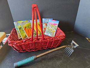 lot 619 image: Garden Starter Kit with Red Wicker Basket, Seed Packets, and Hand Fork