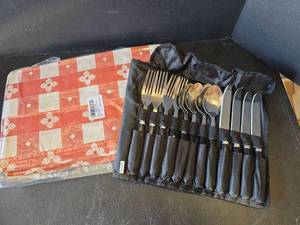 lot 639 image: Coleman Stainless Steel Flatware Set with Carrying Case and Vinyl Tablecover 30in x 96in