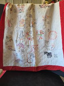 lot 651 image: Handmade Alphabet Learning Quilt with Embroidered Animals
