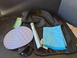 lot 689 image: Golf Bag Color Hood, Golf Club Handle, Golf Ball Mouse Pad, and Tennis Towel