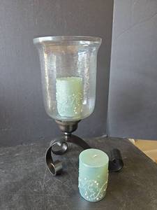 lot 714 image: Metal Hurricane Candle Holder with Glass Shade and 2 Decorative Pillar Candles