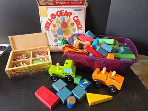 lot 716 image: Educational Wooden Toys with Puzzles, Clock, and Building Blocks