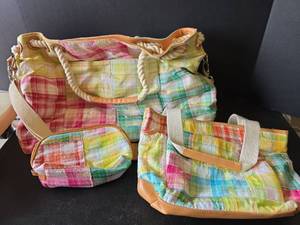 lot 717 image: 3pc Multicolored Plaid Handbags
