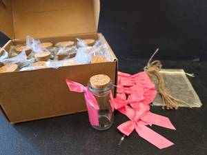 lot 732 image: Glass Message Gift Bottles with Cork Stoppers and Pink Ribbon Set- Bottles Read We Can Bearly Wait