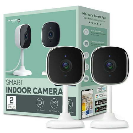 lot 2487 image: Merkury Smart Indoor Camera 1080p - Wi-Fi Security Cam with Night Vision  White (2-Pack)