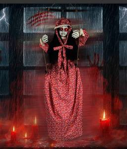 lot 8087 image: YIHCE Scary Halloween Decorations Hanging Swinging Doll Girl for Indoor & Outdoor Props, Sound, Touch & Clap Activated with Creepy Sounds & Light-Up Eyes for Halloween Haunted House or Yard Lawn Prop