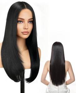 lot 8119 image: NAFJYR Glueless Synthetic Lace Layered Wig, Black Wear Wigs Long Straight for Women (23in)