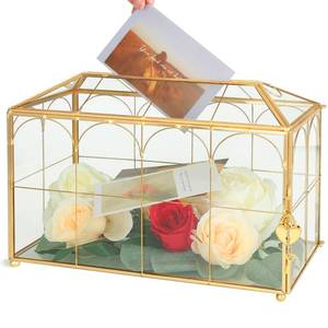 lot 8150 image: Ripprovt Glass Wedding Card Box with Lock, 12.6x5.9x9 inches Large Gold Card Boxes for Wedding Reception, Graduation, Keepsake Display, Party Centerpiece Gift Box