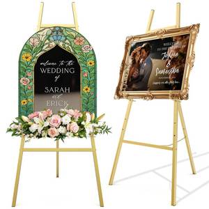 lot 8184 image: 47 Gold Easel Stand for Wedding Signs, 4-Tier Height Metal Standing Easel with Adjustable Chain, Heavy Duty Art Easel for Painting, Wedding Sign, Party, Posters & Commercial Display