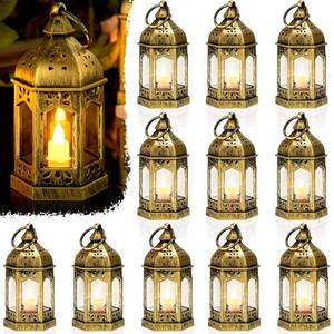 lot 8204 image: 12 Pieces Mini Lanterns with Flickering LED Candle, Batteries Included, Decorative Hanging Candle Lantern for Indoor Use, Wedding, Party, Table Centerpiece (Gold, )