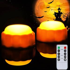 lot 8208 image: Homemory Halloween Bright LED Pumpkin Lights with Remote Control and Timers, Jack O Lantern Lights Battery Operated for Halloween, Fall Decorations, Orange, Outdoor, Set of 2