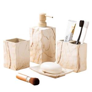 lot 8218 image: RQYIXI Bathroom Accessories Set 4 Pieces Toothbrush Holder Soap Dispenser Ceramic Bathroom Decor Set Contain Toothbrush Cup Soap Dish Tumbler Marble Brown