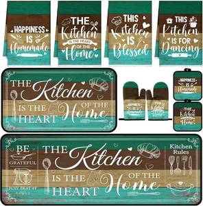 lot 6713 image: 10 Pcs Farmhouse Kitchen Decor Set Towels, Holders, Mitts, Rugs