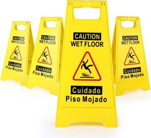 lot 6728 image: 4-Pack Wet Floor Signs, 17.5 A-Frame, Bright Yellow, Bilingual