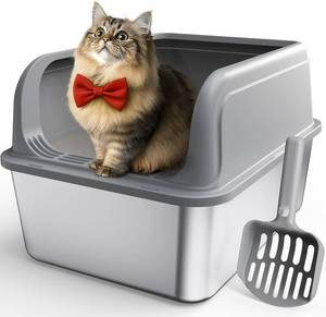 lot 6740 image: Stainless Steel Cat Litter Box with Scoop, Top-Entry, Grey, S